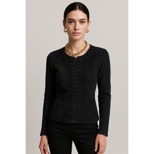 Willi Smith Black Suede Trim Zip Front Knit Jacket Cardigan Women’s Size S